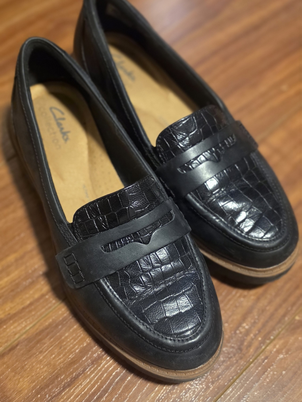 Clarks Black Croc-Embossed Penny Loafers